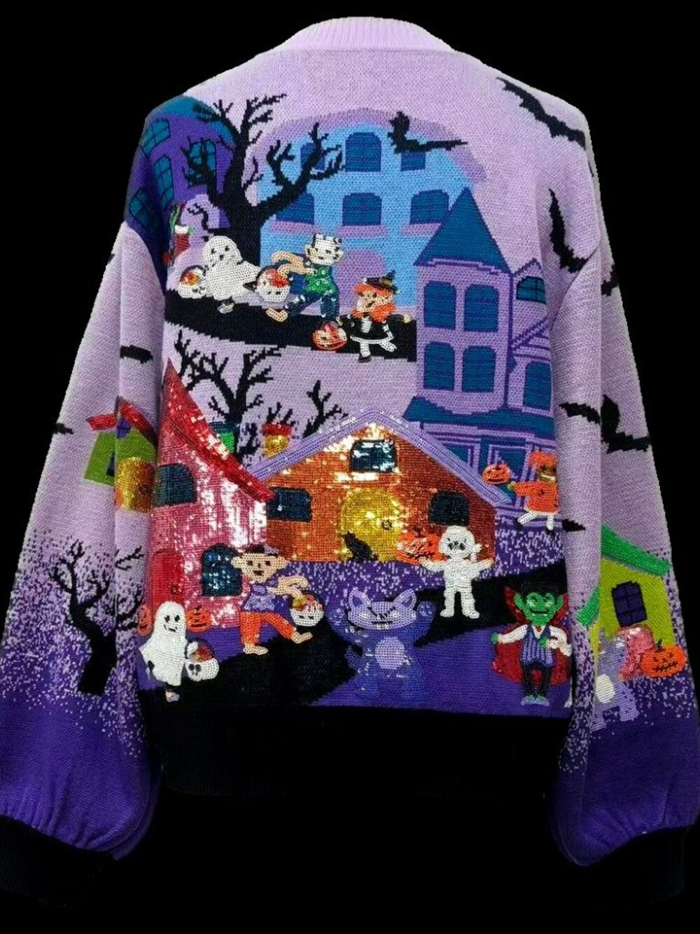 NWT Queen of Sparkles Lavender Multi Trick or Treating Scene Cardigan - Picture 7 of 7